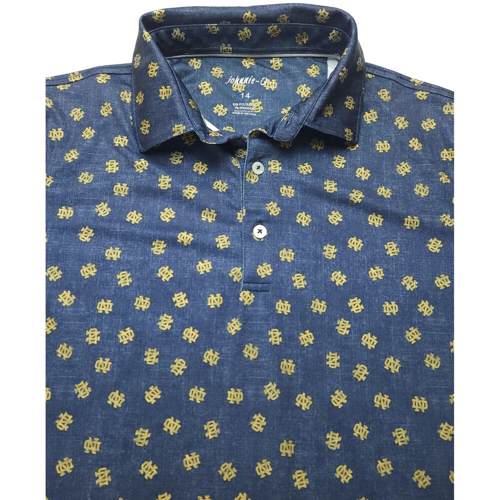 Johnnie-O Notre Dame Fighting Irish AOP Navy Polo Shirt ND Logo Boys Size 14